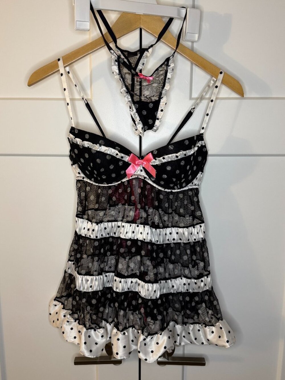 Victoria's Secret Women's Back & White Polka Dot Babydoll Lingerie Set Sz 34C SM